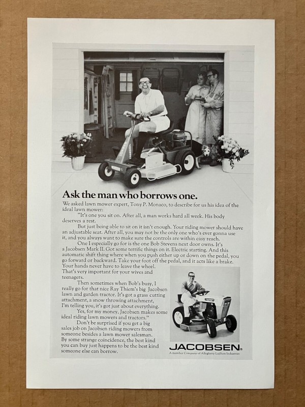 1971 Jacobsen Mark II Lawn Mower "Ask the man who borrows" Print Ad 6 5/8"x10"