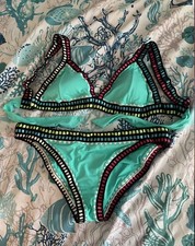 Bar III Size L Be Weave It Embroidered Bra  Hipster Bikini Swimsuit Aqua NWOT