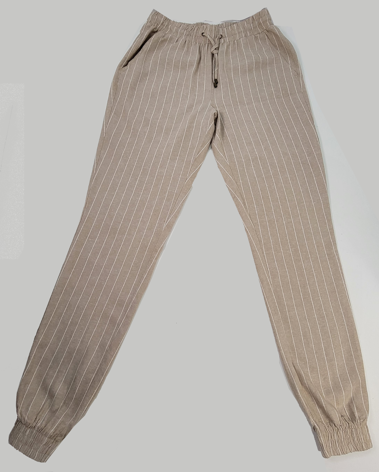 Revamped Joggers Womens Large Beige Pinstripe Linen Blend Draw String Pocket-image
