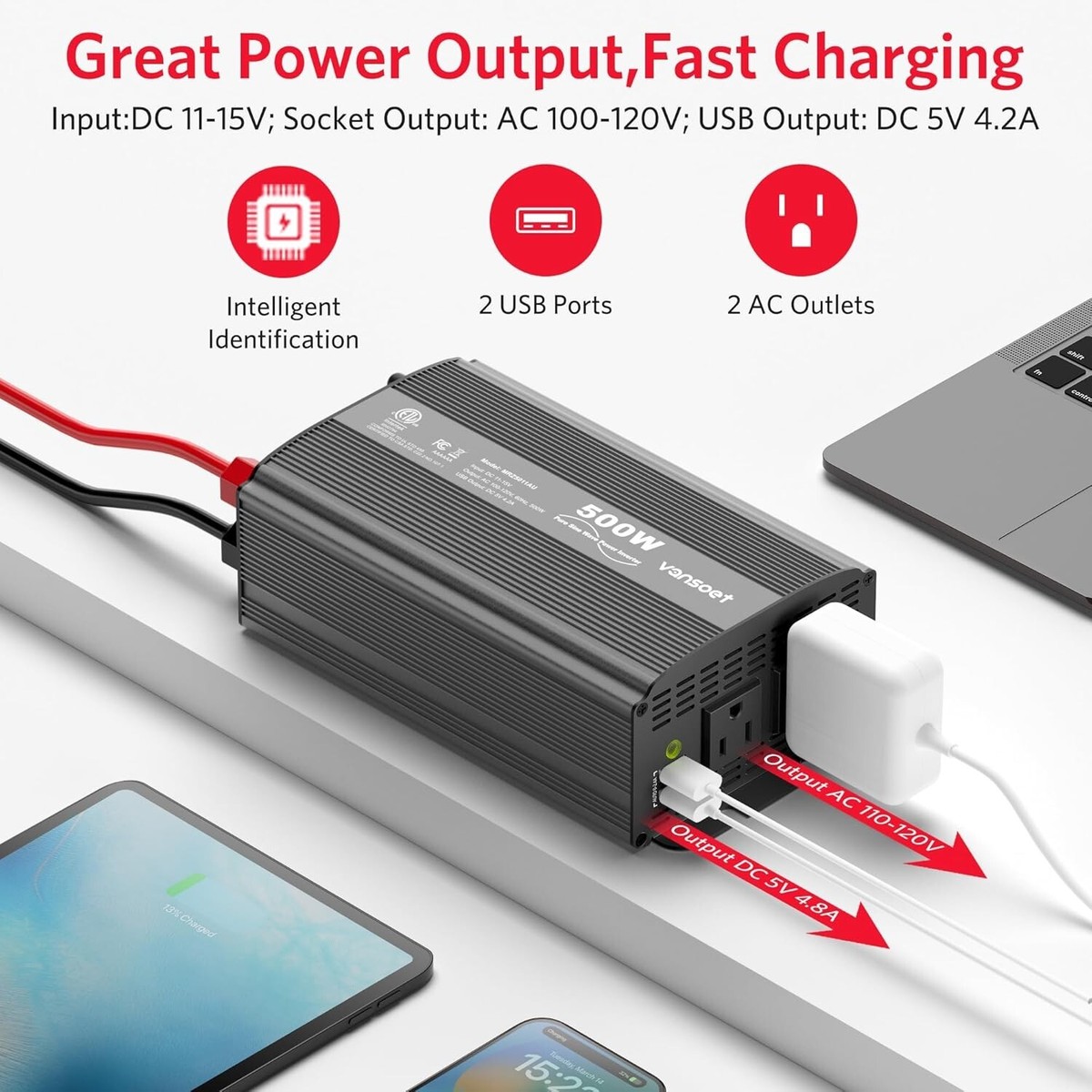 500W Pure Sine Wave Power Inverter, DC 12V to 110V AC Car Plug