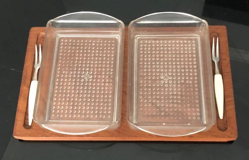 Vintage Danish Luthje Wood Condiment Board with Trays and Relish Forks