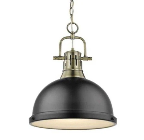 Duncan 1-Light Aged Brass Pendant and Chain with Matte Black Shade by Golden L. - Picture 2 of 5