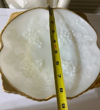 Anchor Hocking White Milk Glass Serving Plate w/Grape & Leaf Designs & Gold Trim