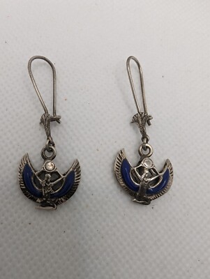 Sterling Silver 925 & Blue Enamel Egypt Protective Wings of Isis  Earrings
