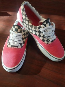pink checkered lace up vans