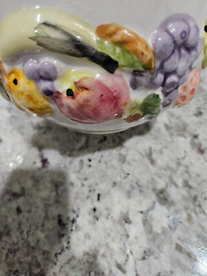 Antique Decorative Ceramic Porcelain Flowery Basket with Handle - Vintage