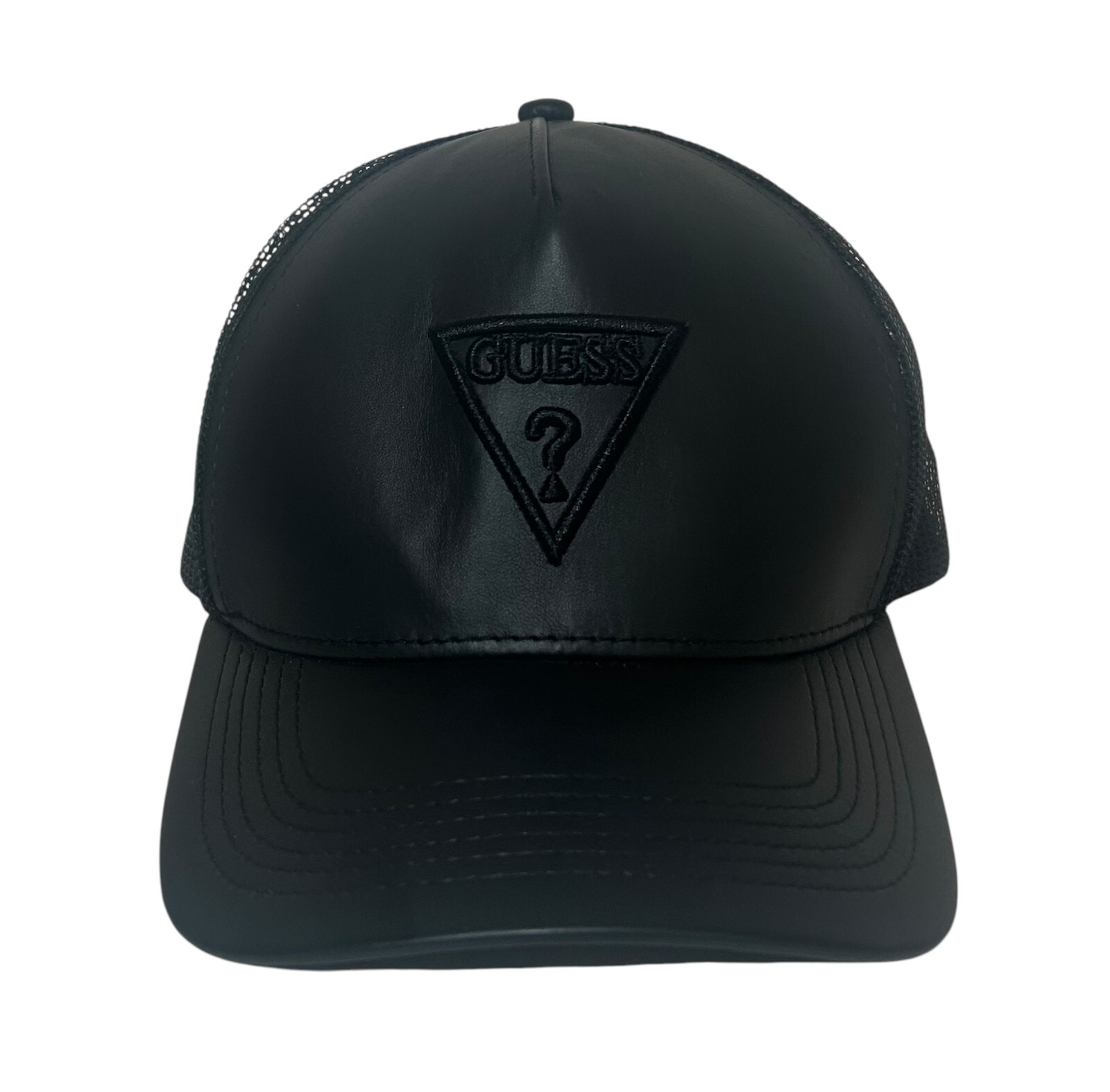 Guess Embroidered Logo Faux Leather Trucker Baseball Hat with Mesh Back Black