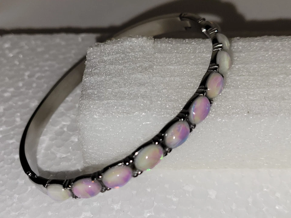 Hinged Created Opal Bangle Bracelet - Image 2 of 4