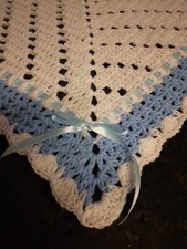 Handmade NEW crochet baby blanket White w/Blue trim  ribbon Afghan Pinwheel Sq.