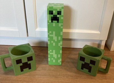 Set 3 ~ 2 Minecraft Green Creeper Mojang Ceramic Mugs Cups 8 Oz & Water Bottle