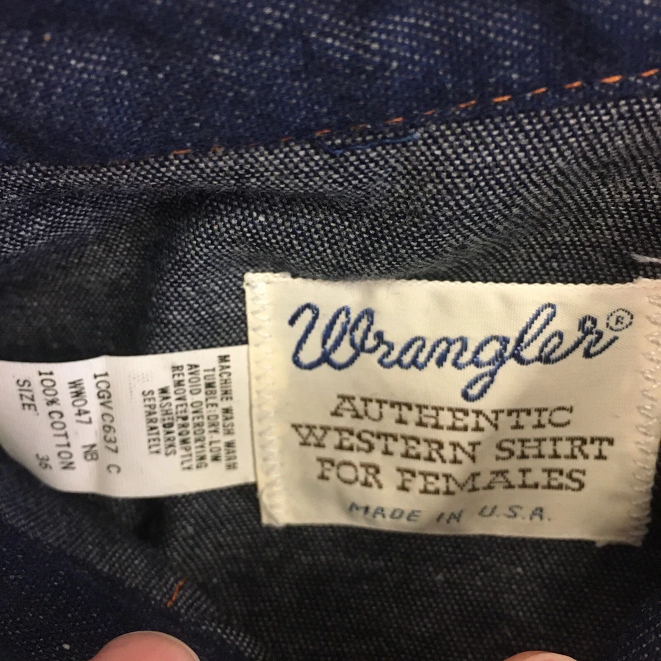 复古 70 年代 NOS 牧马人靛蓝蓝色牛仔西部珍珠卡扣牛仔衬衫 36 — 第 4/4 张图片