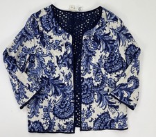 Coldwater Creek Reversible Linen Jacket 12 NWT Blue White Paisley Eyelet Open
