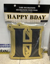 HAPPY BIRTHDAY Yard Sign 14  W/Metal Stakes Party Decoration Black Gold 191330