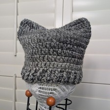 Handmade Crochet Knit Cat Ear Beanie Hat Cottage Y2K Gray 100 Acrylic