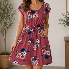 Pink Rose Vintage Floral Dress Medium Mauve Pink Boho Pocket Fit  Flare Rayon