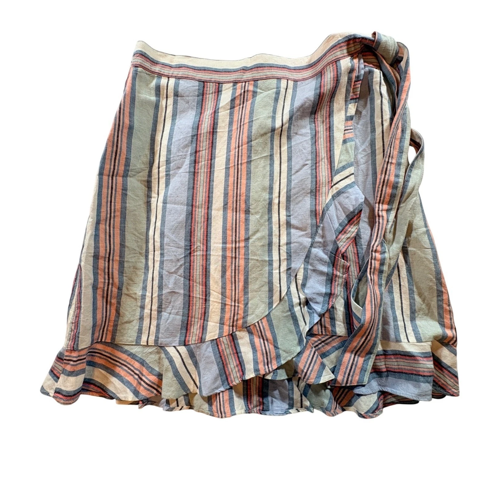 LOFT Striped Linen Blend Wrap Skirt Womens 8 Multicolor Ruffle Hem Summer Casual