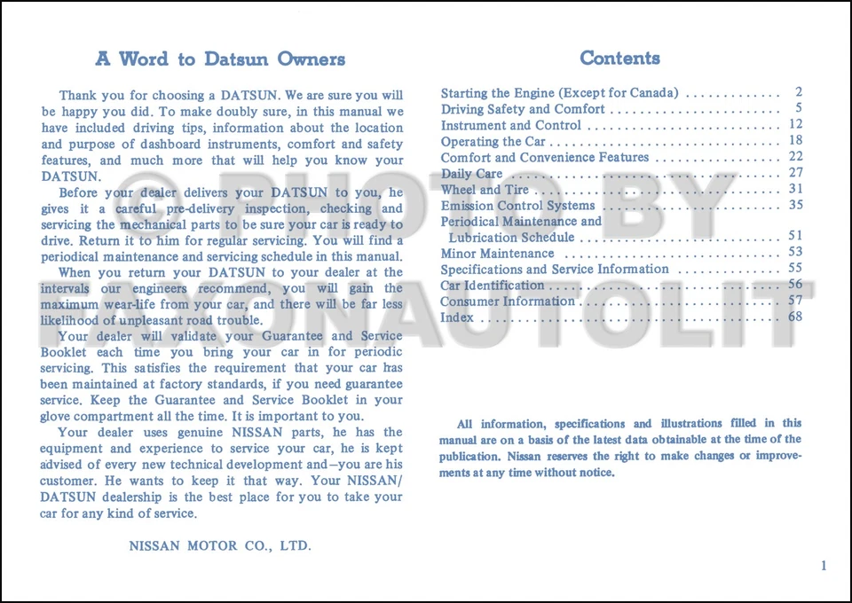 Manuale Dell'Owner Datsun 260Z Del 1974 Guida Utente Libro 260 Z - Immagine 2 di 2