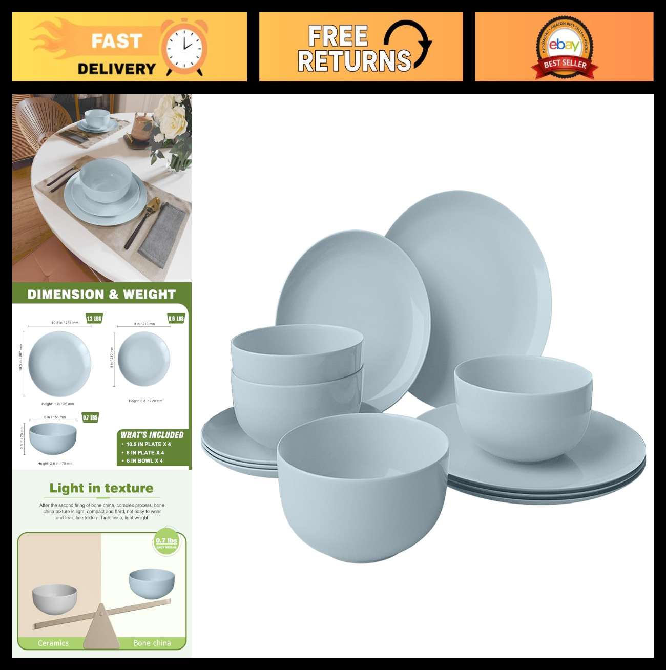 12-Piece Blue Bone China Dinnerware Set, Lightweight, Chip R