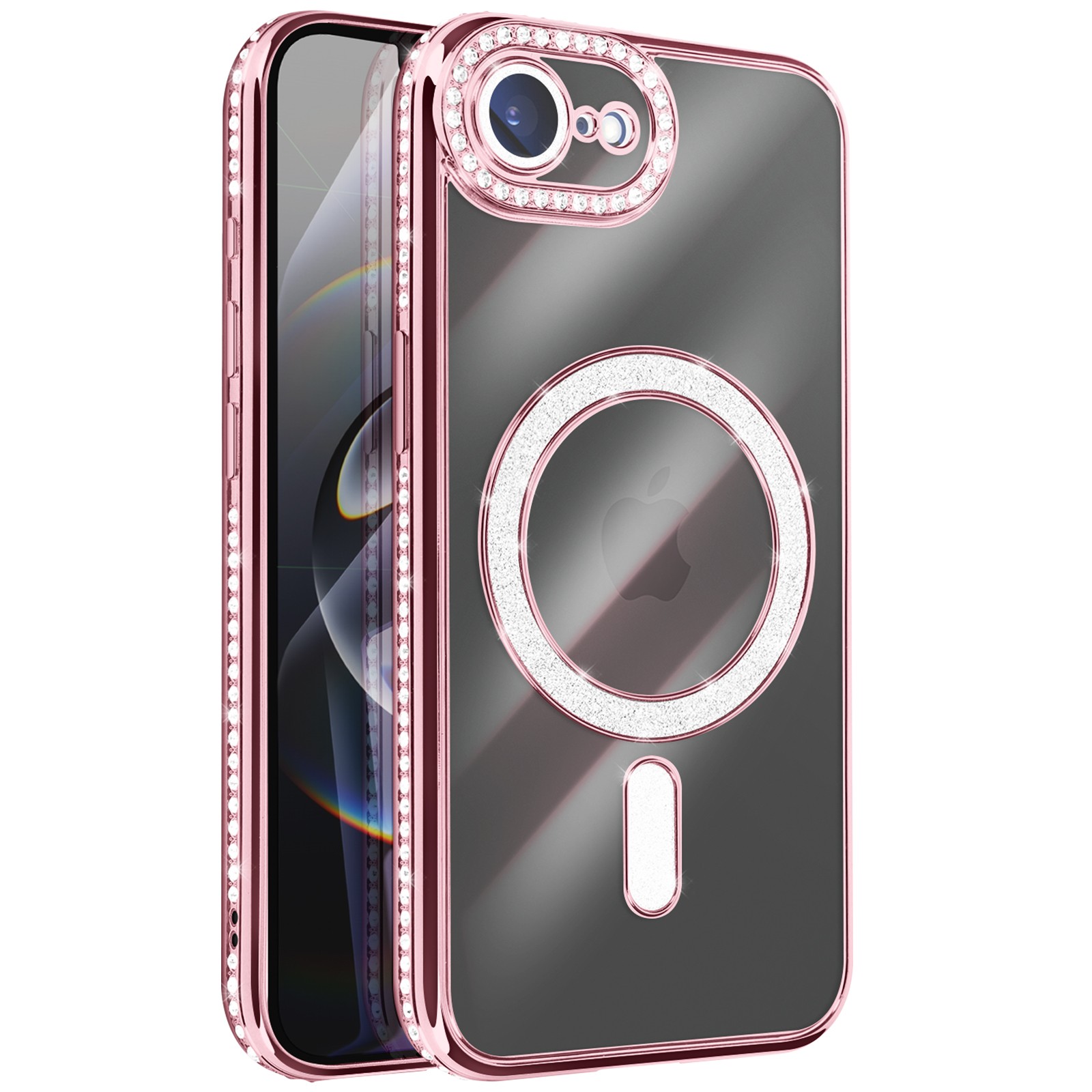 Coque iPhone 16e Avizar rose avec bordure en strass scintillants