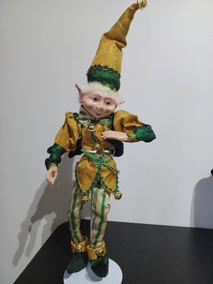 Robert Stanley Posable Elf Pixie Green Gold Bendable Legs Arms Jingle Bells Deco