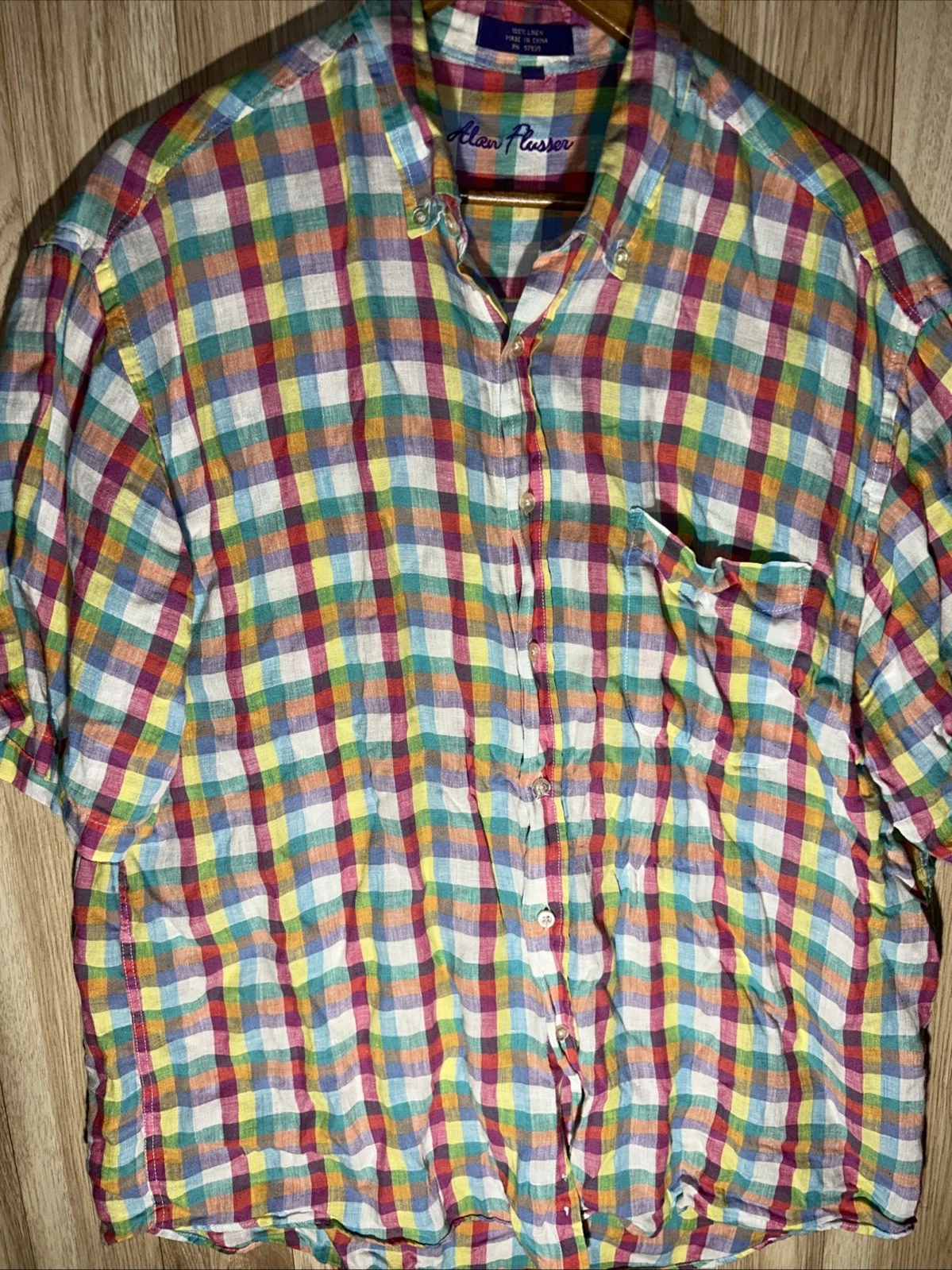 Alan Flusser Men’s XL Multicolor Check Linen Short Sleeve Button Down