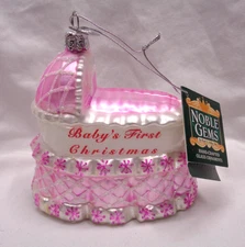 Kurt Adler NOBLE GEMS Glass Ornament BABY'S FIRST CHRISTMAS Girl Bassinet