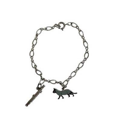 Atlas Charm Bracelet Sterling 925 Womens Silver Cat Flute Enamel Music Cat Lady