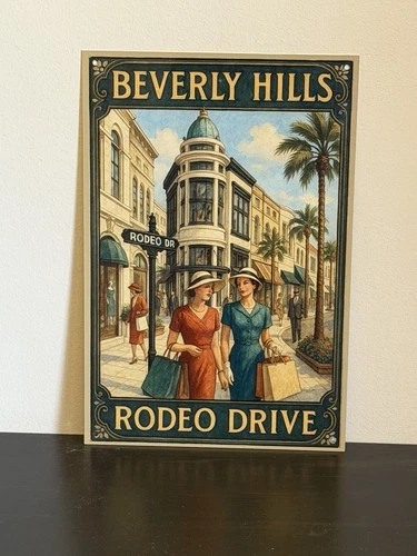 Beverly Hills Rodeo Dr California Vintage Postcard Style Metal Sign Advertising