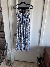 Shein Womens Blue And White Sweet Corset Cottage Midi Dress Petite XS