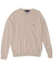 Tommy Hilfiger Mens V-Neck Jumper Sweater XL White Cotton Classic AM22