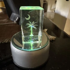 3D Laser Etched Palm Tree Crystal Art Cube w/ LED Stand