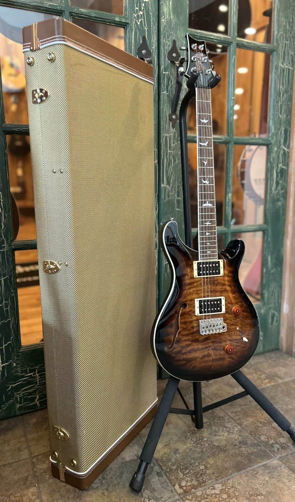 PRS SE Custom 24 Semi-Hollow HH Orange Tiger Smokeburst With Tweed Hard Case
