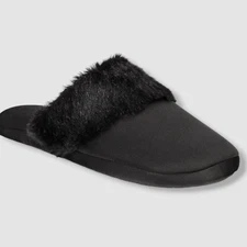 INC International Concepts Women's Black Faux-Fur Trim Slippers Shoes Sz 7-8