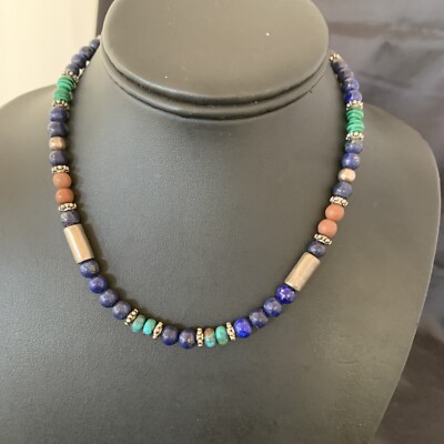 Turquoise, Lapis & Onyx Beads Navajo Sterling Silver Necklace 10392