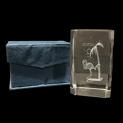 3d Laser Etched Crystal Glass Paperweight Florida Flamingo Palm Tree Beach Box