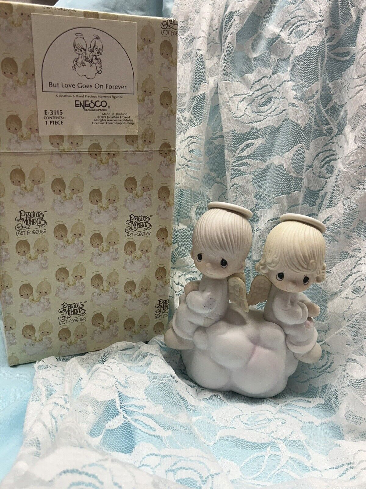 Precious Moments Figurine E3115 But Love Goes OnForever 1979 Two Angels On Cloud