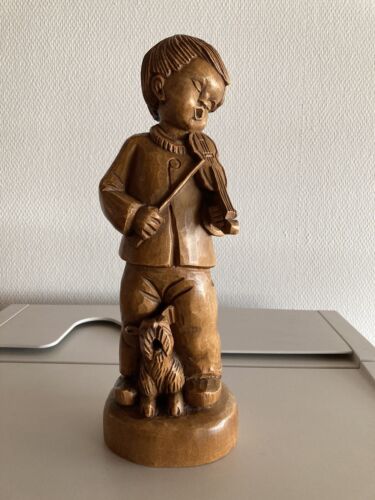 Holzfigur geschnitzt, Junge mit Geige und Hund - Bild 1 von 5