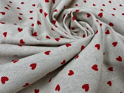 LUSHFABRIC Little Red Love Hearts Fabric Linen Look Home Decor Upholstery Curtain 55" Wide