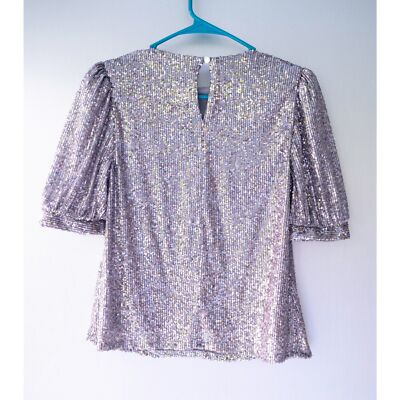 Primark Clothes Primark Sequin Top Primark Silver Sequin Crew Neck Short  Sleeve Keyhole Back Button