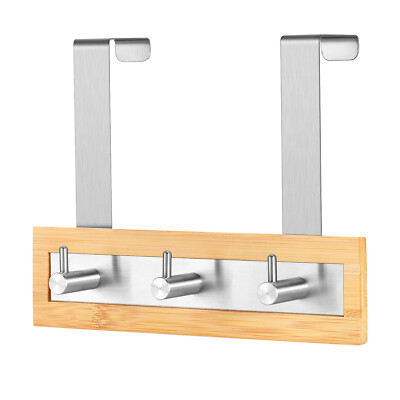 Over The Door Bamboo Wooden Hanger - Stainless Steel 3 Angled Metal Clothes Hook
