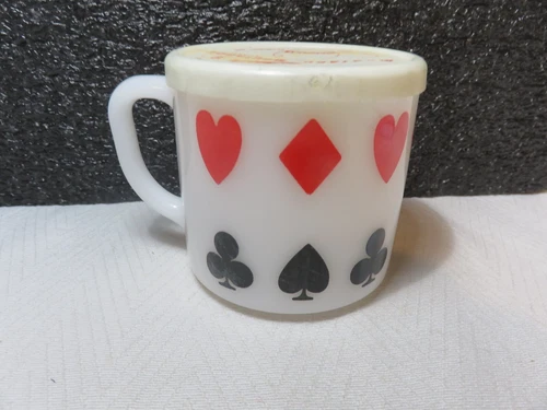 Vintage Federal milk glass Chef Mate Mustard coffee mug with plastic lid