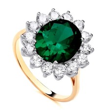 9ct Gold on Silver simulated EMERALD Large Princess Diana Cluster Ring size K-V