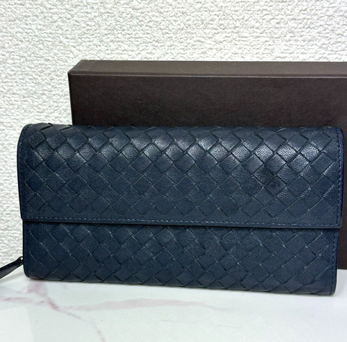 Bottega Veneta Intrecciato Bifold Long Wallet Navy Braided Lambskin Unisex