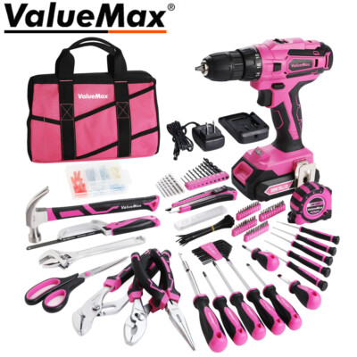 ValueMax 238PC Home Tool Kit Pink Tool Set 20V Cordless Drill Tool Set Drill Set