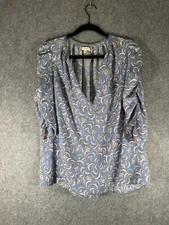 Max Studio Blouse Women Large Blue Puff Sleeve Floral V Neck Rushed Office