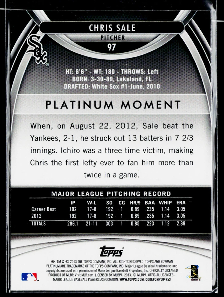 2013 Bowman Platinum Gold Chris Sale #97 - Image 2 of 2