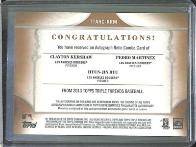 2013 Topps Triple Threads 3x Relic Autograph TTARCKRM Kershaw, Ryu
