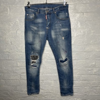 Dsquared2 Men's Blue Denim Jeans Distressed Paint Splatter Size 46 - W34 L31