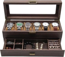 Watch Box 6 Slots w/ Drawer, Watch Holder 2-Layer Watch Display Case, Wood Grain