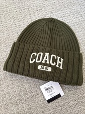 NWT COACH 1941 Embroidered Knit Beanie Olive Green 100 Merino Wool CU806